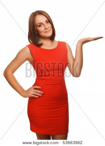 portrait happy young blond woman showing open hand holding in a