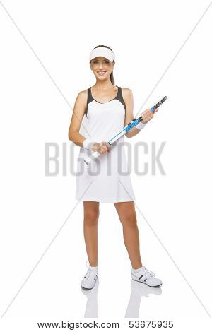 Portrait Of Young Smiling Woman With Tennis Racket