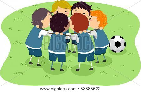 Illustration of Little Boys in a Soccer Game Huddled Together