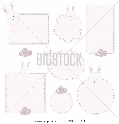 Set of tags with hand drawn easter bunny head and easter eggs.