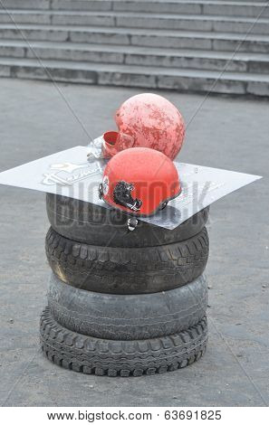 KIEV, UKRAINE - APR 19, 2014: Downtown of Kiev.Camp decoration with military items.Rioters camp.Putsch of Putsch.April 19, 2014 Kiev, Ukraine 