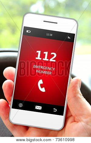 Hand Holding Mobile Phone 112 Emergency Number