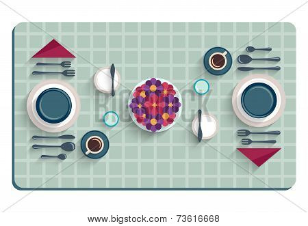 Table setting for breakfast. Top view of desk background with utensils, flowers and tablecloth
