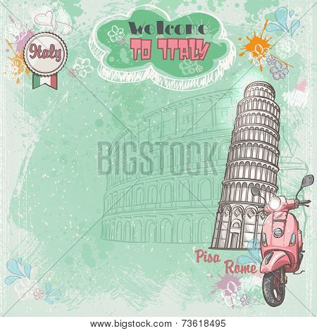 Background of Italy for your text with the image pink moped