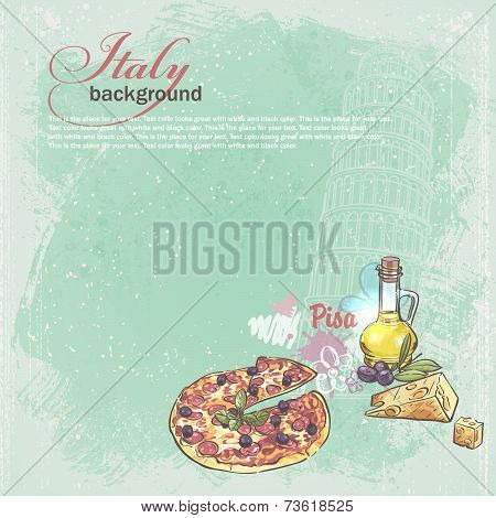 Italy Background for your text with the image of the Tower of Pisa pizza cheese and olives