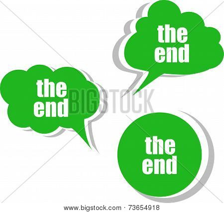 The End Words On Modern Banner Design Template. Set Of Stickers, Labels, Tags, Clouds
