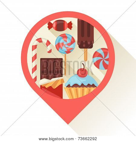 Navigation marker with colorful candy, sweets and cakes.