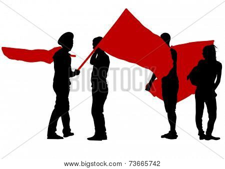 People of anarchia with large flags on white background