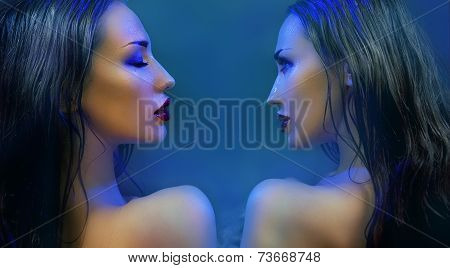 Fashion Beauty. Make-up. Beautiful Sexy Womans With Luxury Glossy Makeup. Beauty Sensitive Girl Face