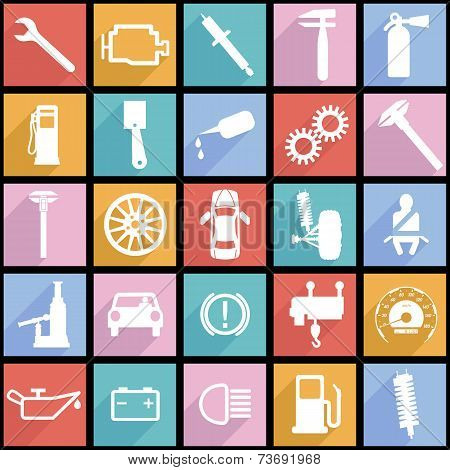 Collection flat icons with long shadow. Car symbols. Vector illu