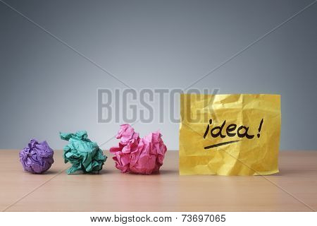 Evolving idea concept crumpled paper ball brainstorming for a good idea