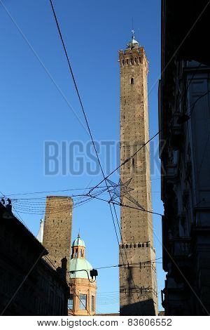 Ancient Tower Called Degli Asinelli In Bologna's City Centre In Italy