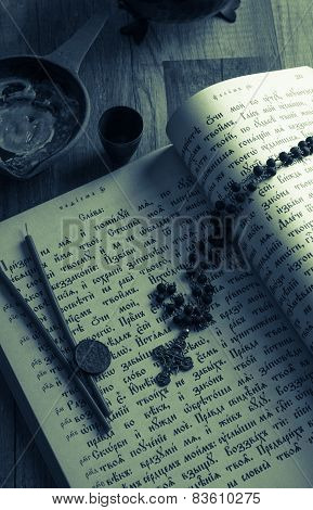 Psalter In The Old Church Slavonic Language, Close-up. Toning