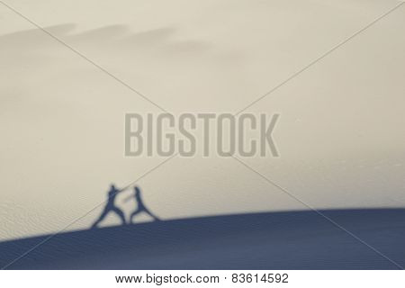 Martial artists silhouettes and shadows against sand dunes while training in self defense