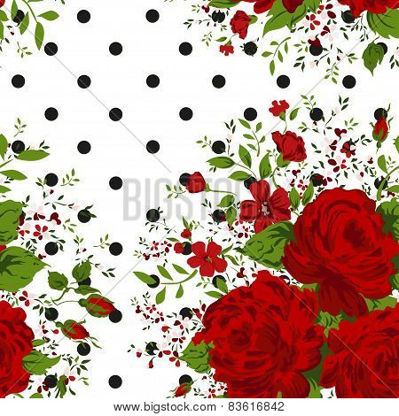 Seamless pattern with red roses on design background, vector illustration