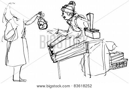Sketch Of A Woman At The Market Buying Apples