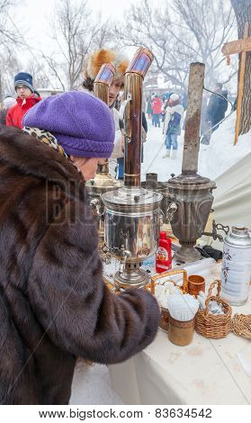 Shrovetide In Russia. Old Russian Traditional Object For Tea Ceremony, Samovar.