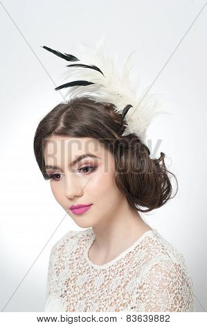 Hairstyle and make up - beautiful young girl art portrait. Genuine natural brunette with hair style