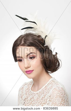 Hairstyle and make up - beautiful young girl art portrait. Genuine natural brunette with hair style