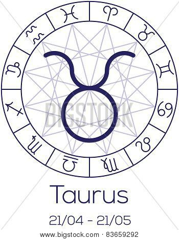 Zodiac Sign - Taurus. Astrological Symbol In Wheel With Polygonal Background.