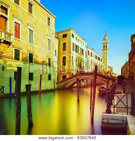 Venice Sunset In San Giorgio Dei Greci Water Canal And Church Campanile. Italy