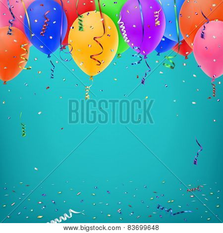 Celebration background template with konfetti, colorful ribbons and balloons