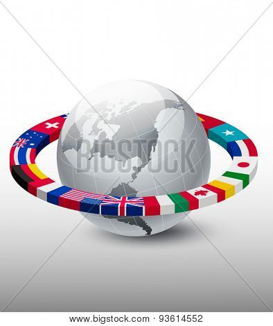 Travel background. Globe with a strip of flags. Vector.