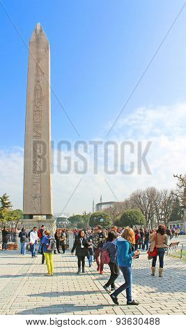 Tourists Near Obelisk At Hippodrome In Istanbul, Turkey
