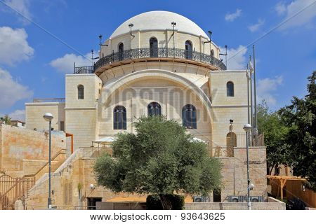 White facade famous restored Hurva Synagogue. Jerusalem, Israel