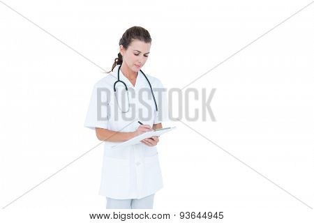 brunette female doctor against white background