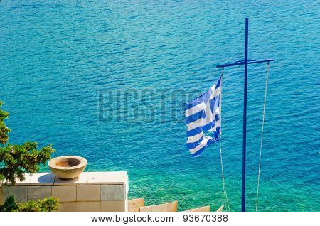 Cross with Greek flag and sea, Aegean Sea Island