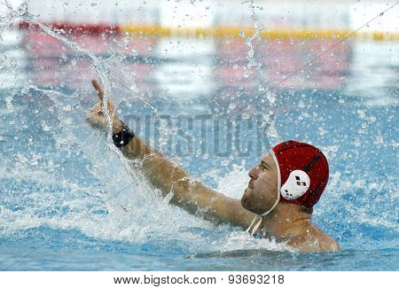 BARCELONA - MAY, 29: Viktor Nagy of Szolnoki VSK during a LEN Champions League Final Six match against Atletic Barceloneta at the Picornell Swimming pool on May 29 2015 in Barcelona Spain