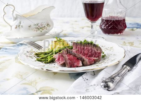 Point Steak with Green Asparagus and Mashed Potatoes