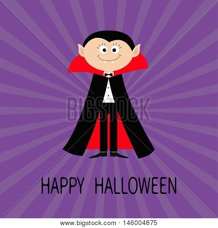 Count Dracula wearing black and red cape. Cute cartoon vampire character with fangs. Happy Halloween. Flat design. Violet starburst sunburst background. Vector illustration