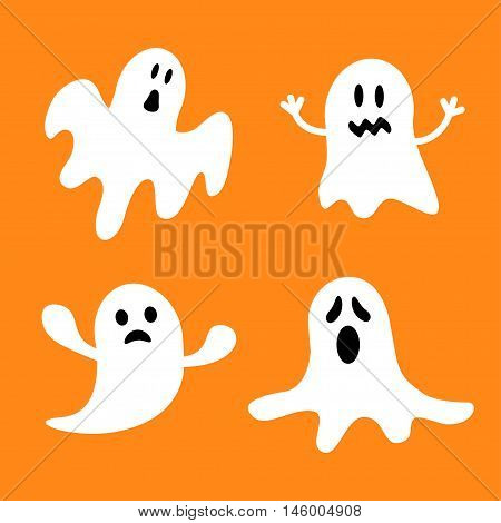 Funny flying ghost set.Different emotions face. Happy Halloween. Greeting card. Cute cartoon character. Scary spirit. Baby collection. Orange background. Flat design. Vector illustration