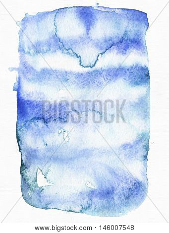 Blue watercolor hand drawn abstract shape based on ink drips and shades. Isolated on white watercolor paper illustration drawn with brush and liqid ink. Raster large grainy background