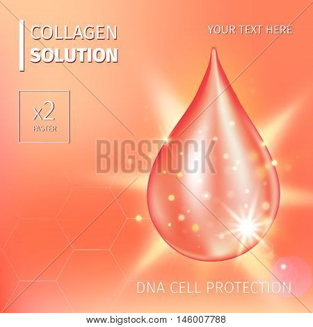 Vector illustration of Supreme collagen oil drop essence. Premium shining serum droplet. Collagen drop. Cosmetics solution
