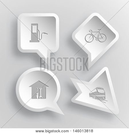 4 images: fueling station, bicycle, workshop, train. Transport set. Paper stickers. Vector illustration icons.