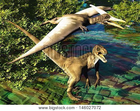 Velociraptor and pterodactyl 3d rendering