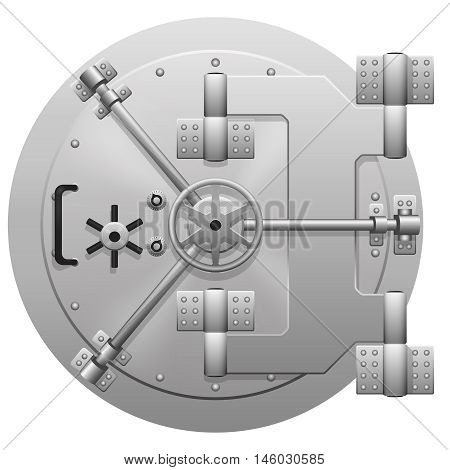 Vector metallic bank vault door isolated on white background. Locked safe door, valve steel, reliability control secret illustration