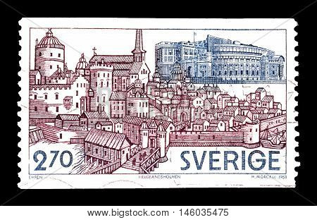 SWEDEN - CIRCA 1983 : Cancelled postage stamp printed by Sweden, that shows Helgeandsholmen.