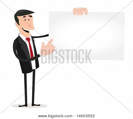 Tegneserie hvid forretningsmand holder et Vcard