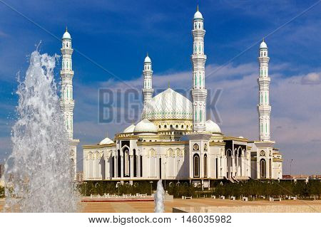 City mosque and fountains in Astana, Kazakhstan