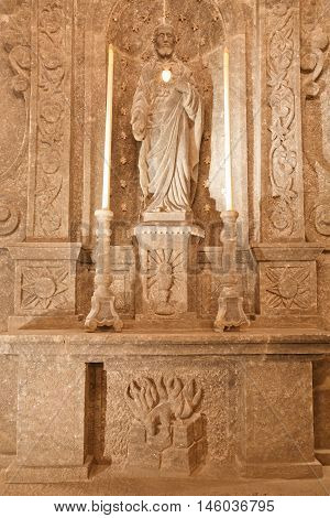 KRAKOW, POLAND - APRIL 04, 2015: Carvings in Wieliczka salt mine near Krakow in Poland on April 04, 2015.