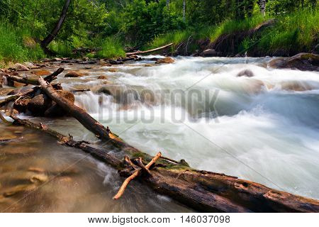 Stormy mountain river with a log in the foreground