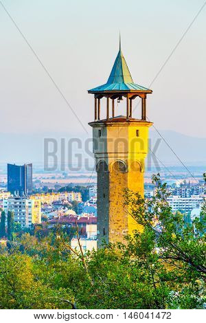 Plovdiv aerial skyline, Bulgaria with Clock Tower at Sahat tepe, Danov hill