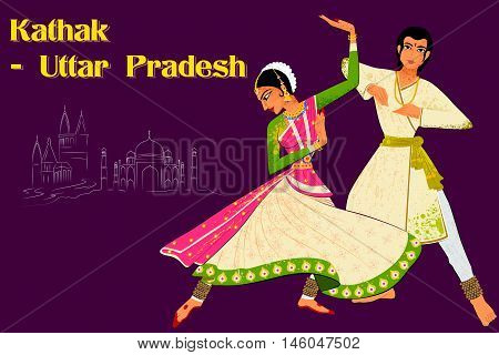 Vector design of Couple performing Kathak classical dance of Northern India
