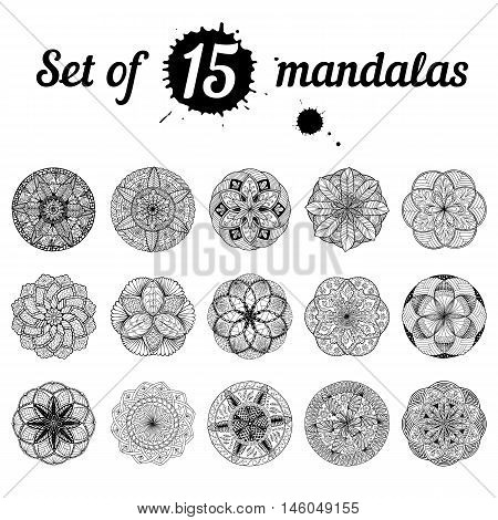 Ser of 15 hand drawn mandalas. Pattern for coloring book. Meditative anti-stress therapy yoga symbol. Vector.
