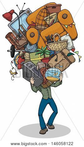 Cartoon of a Man, moving, with huge pile of things, furniture and objects balanced in hands, vector illustration