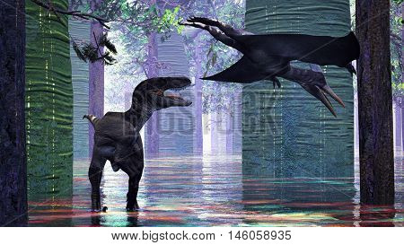 Velociraptor and pterodactyl 3d rendering